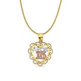 14K Tri Color Gold Anos 15 Pendant 24mmX18mm With 16 Inch To 24 Inch 1.0MM Width D.C. Round Wheat Chain Necklace