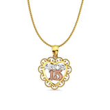 14K Tri Color Gold Anos 15 Pendant 24mmX18mm With 16 Inch To 24 Inch 0.8MM Width D.C. Round Wheat Chain Necklace