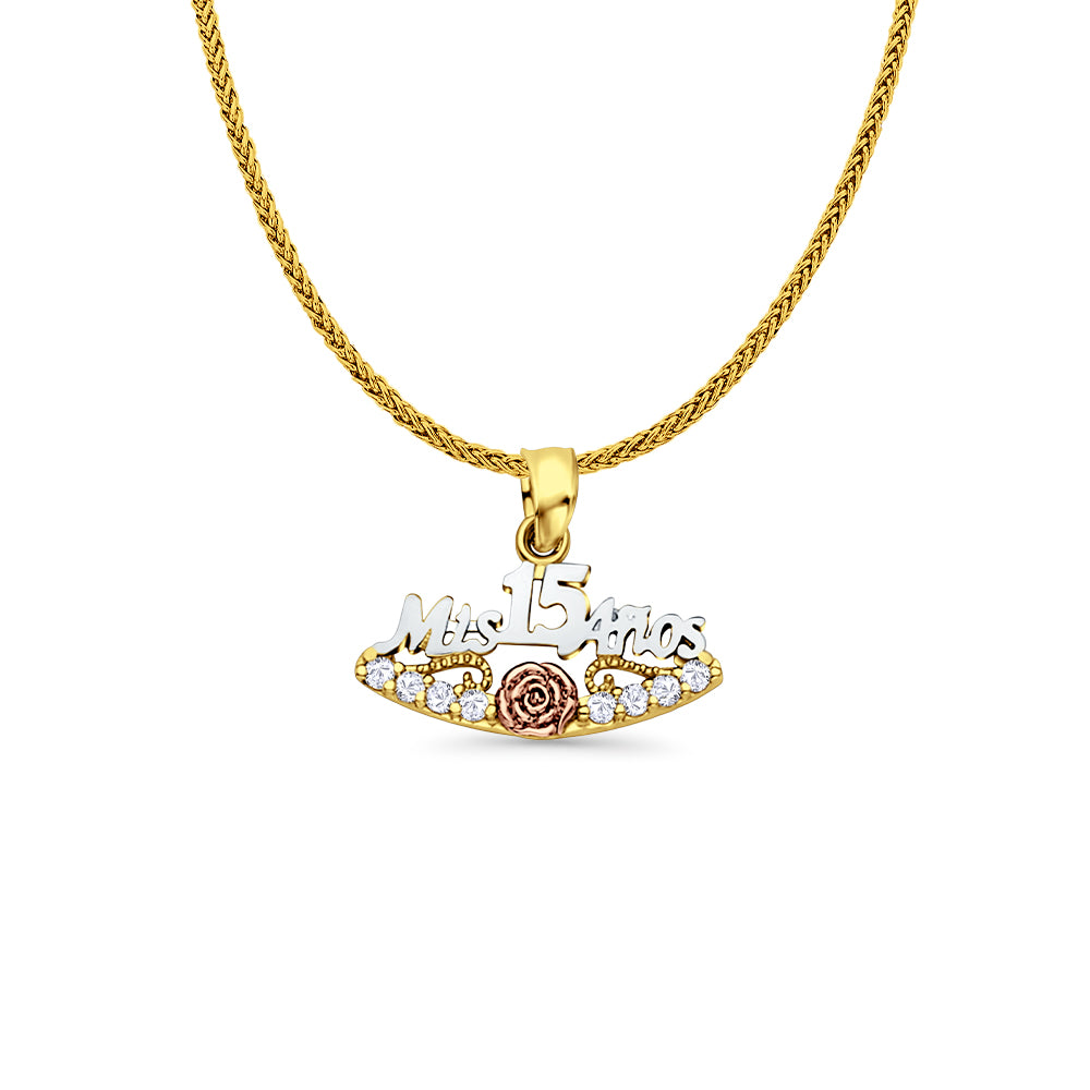 14K Tri Color Gold Mis 15 Anos Simulated CZ Pendant 16mmX20mm With 16 Inch To 24 Inch 0.8MM Width Square Wheat Chain Necklace