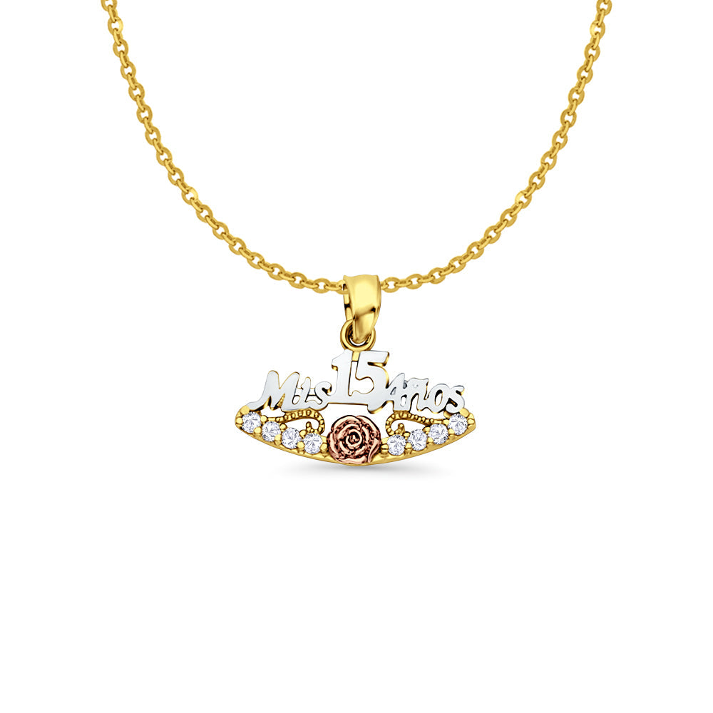 14K Tri Color Gold Mis 15 Anos Simulated CZ Pendant 16mmX20mm With 16 Inch To 22 Inch 1.2MM Width Side DC Rolo Cable Chain Necklace