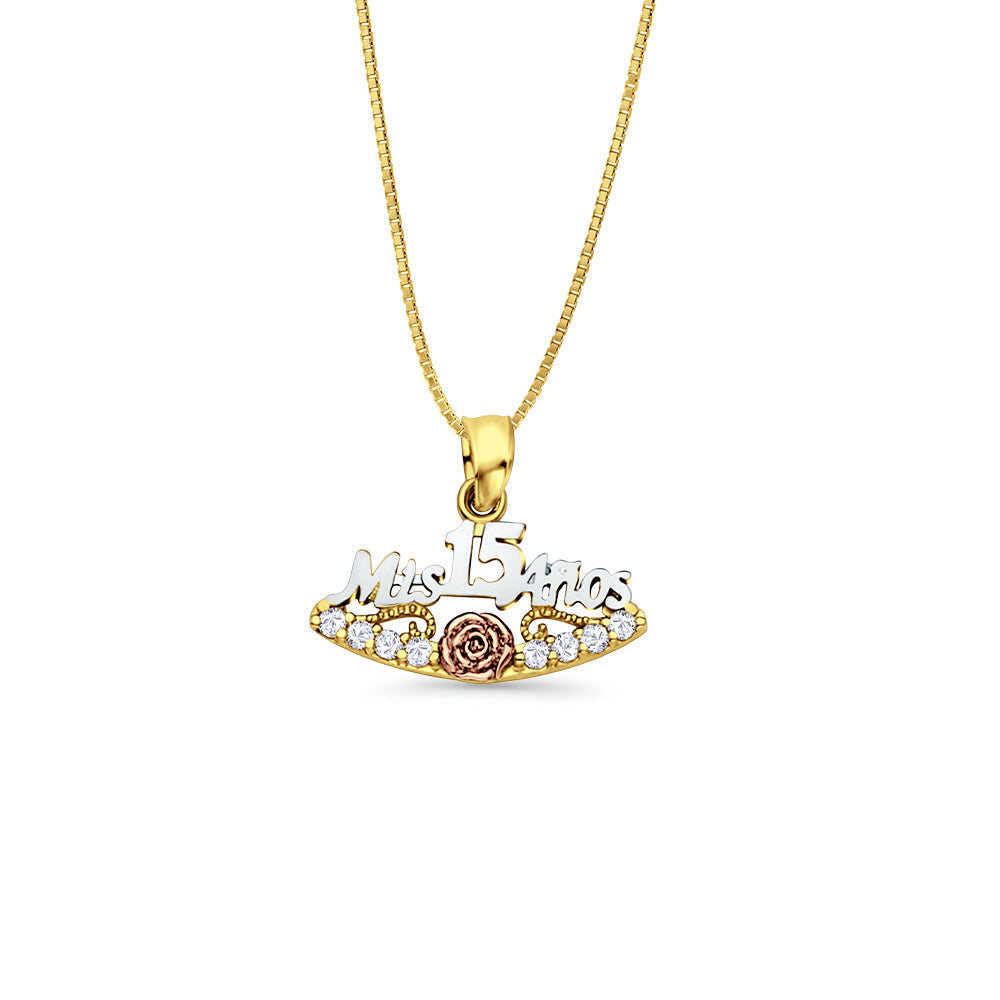 14K Tri Color Gold Mis 15 Anos Simulated CZ Pendant 16mmX20mm With 16 Inch To 22 Inch 0.5MM Width Box Chain Necklace