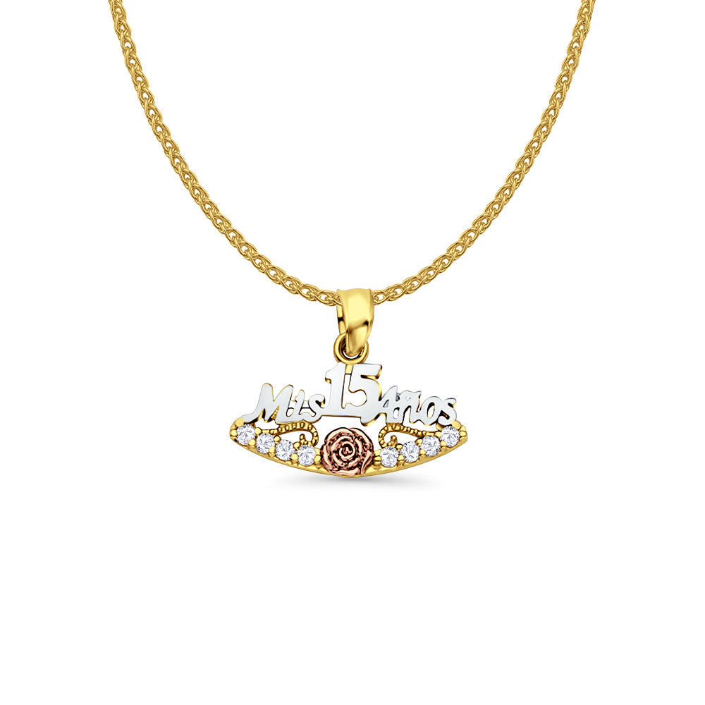 14K Tri Color Gold Mis 15 Anos Simulated CZ Pendant 16mmX20mm With 16 Inch To 22 Inch 1.2MM Width Flat Open Wheat Chain Necklace