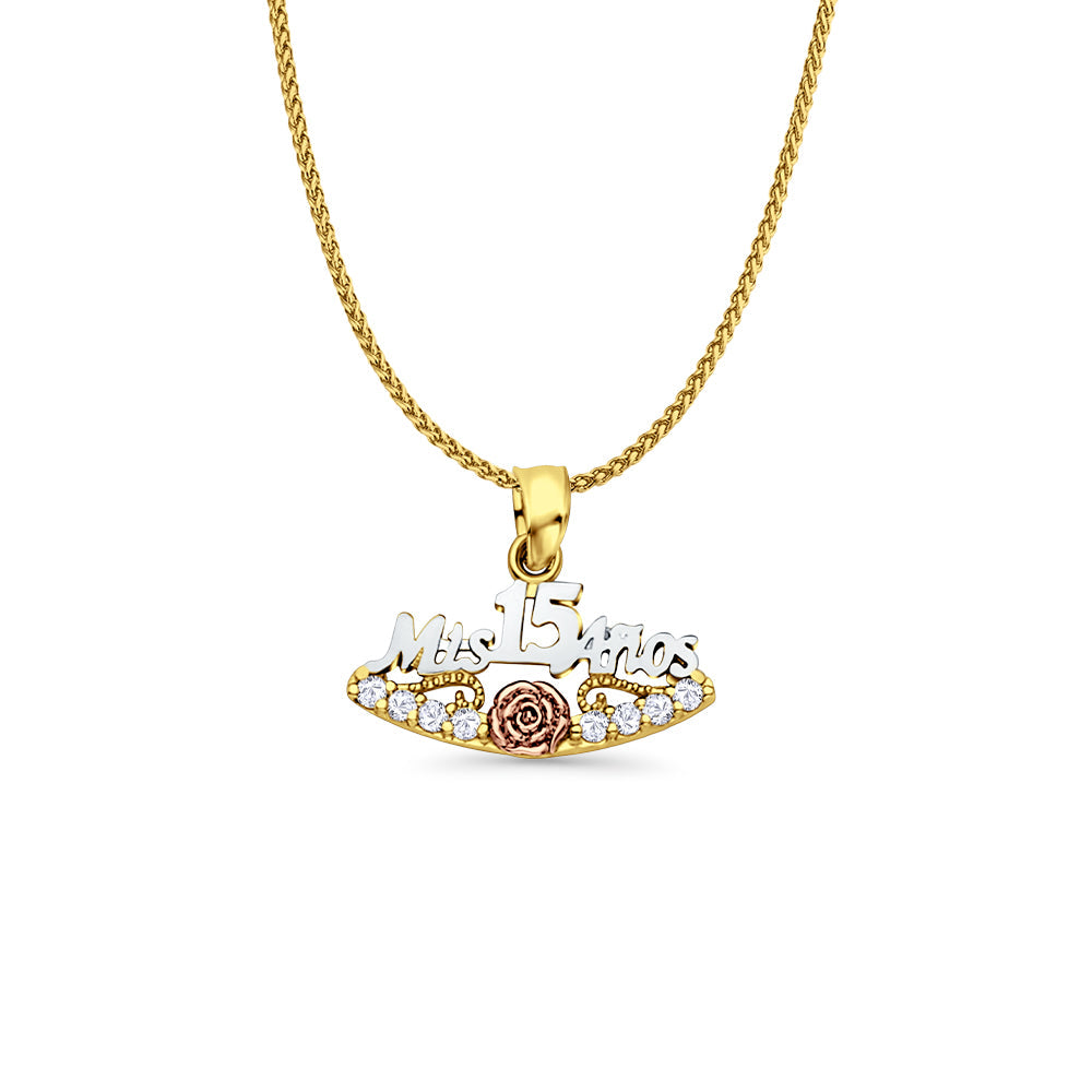 14K Tri Color Gold Mis 15 Anos Simulated CZ Pendant 16mmX20mm With 16 Inch To 24 Inch 0.8MM Width D.C. Round Wheat Chain Necklace