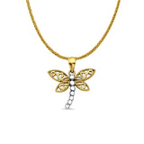 14K Two Color Gold Dragon Fly Pendant 22mmX18mm With 16 Inch To 24 Inch 0.8MM Width Square Wheat Chain Necklace