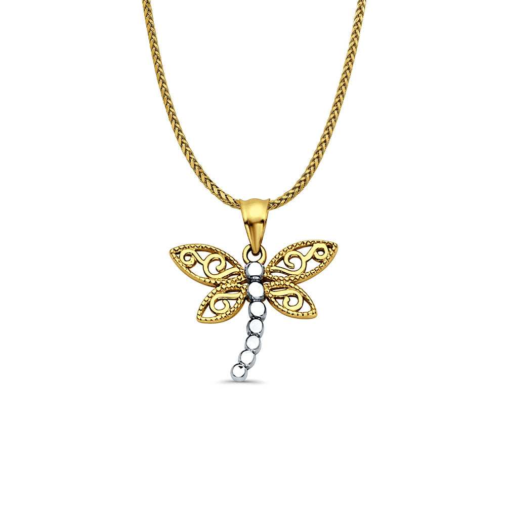 14K Two Color Gold Dragon Fly Pendant 22mmX18mm With 16 Inch To 24 Inch 0.9MM Width Wheat Chain Necklace