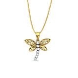 14K Two Color Gold Dragon Fly Pendant 22mmX18mm With 16 Inch To 24 Inch 0.6MM Width Box Chain Necklace