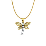 14K Two Color Gold Dragon Fly Pendant 22mmX18mm With 16 Inch To 24 Inch 0.8MM Width D.C. Round Wheat Chain Necklace