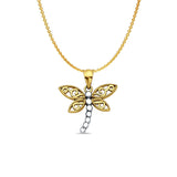 14K Two Color Gold Dragon Fly Pendant 22mmX18mm With 16 Inch To 22 Inch 0.9MM Width Angle Cut Oval Rolo Chain Necklace