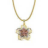 14K Tri Color Gold Filigree Flower Pendant 26mmX23mm With 16 Inch To 18 Inch 1.1MM Width Wheat Chain Necklace