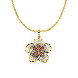 14K Tri Color Gold Filigree Flower Pendant 26mmX23mm With 16 Inch To 22 Inch 1.2MM Width Side DC Rolo Cable Chain Necklace