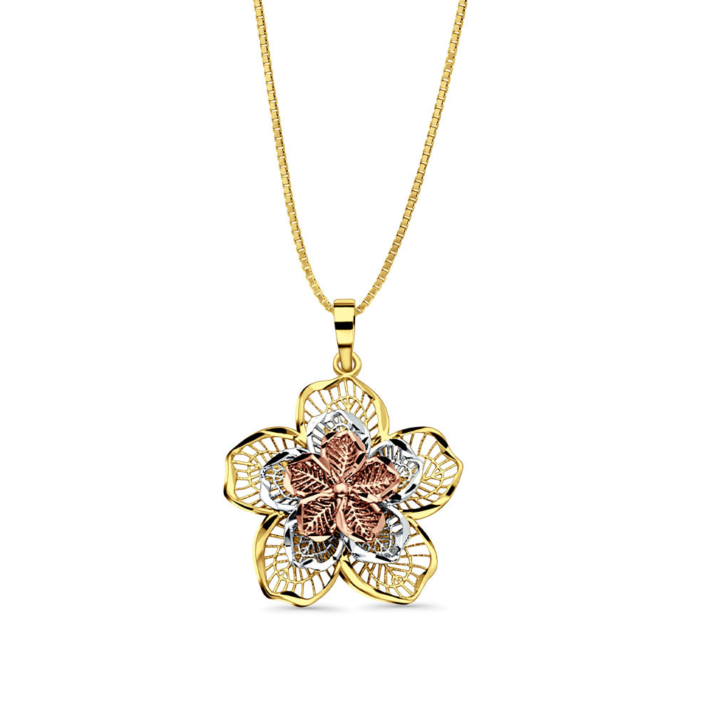 14K Tri Color Gold Filigree Flower Pendant 26mmX23mm With 16 Inch To 22 Inch 0.5MM Width Box Chain Necklace