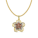14K Tri Color Gold Filigree Flower Pendant 26mmX23mm With 16 Inch To 22 Inch 1.2MM Width Flat Open Wheat Chain Necklace
