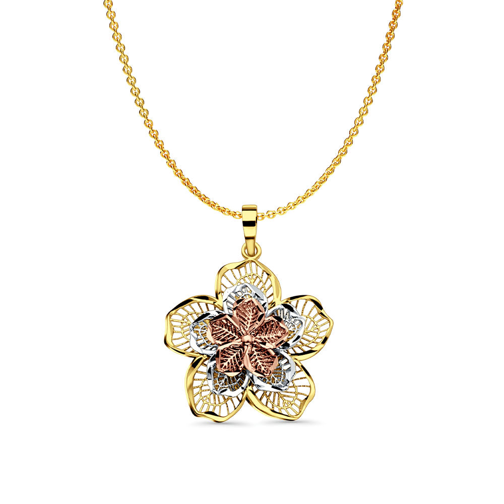 14K Tri Color Gold Filigree Flower Pendant 26mmX23mm With 16 Inch To 22 Inch 0.9MM Width Angle Cut Oval Rolo Chain Necklace