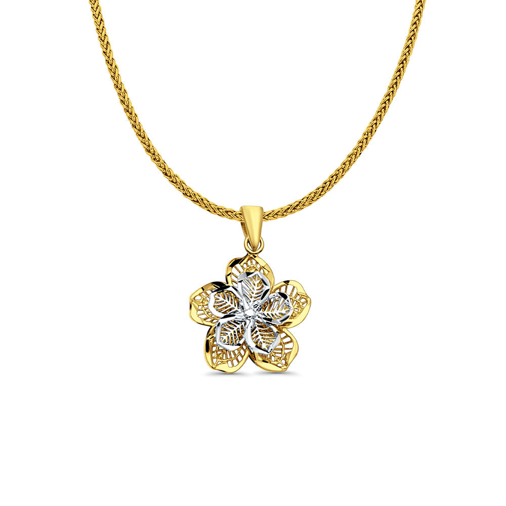 14K Two Color Gold Filigree Flower Pendant 20mmX16mm With 16 Inch To 24 Inch 0.8MM Width Square Wheat Chain Necklace