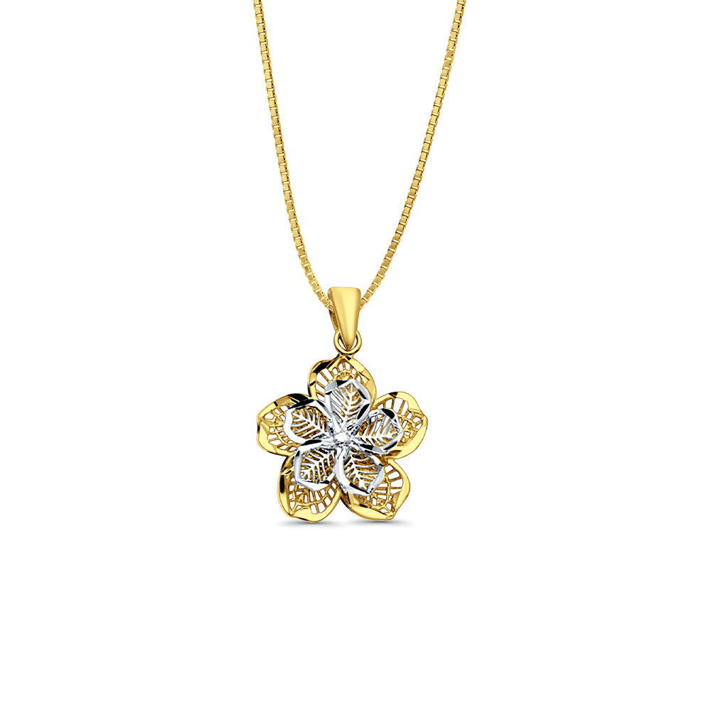 14K Two Color Gold Filigree Flower Pendant 20mmX16mm With 16 Inch To 22 Inch 0.5MM Width Box Chain Necklace