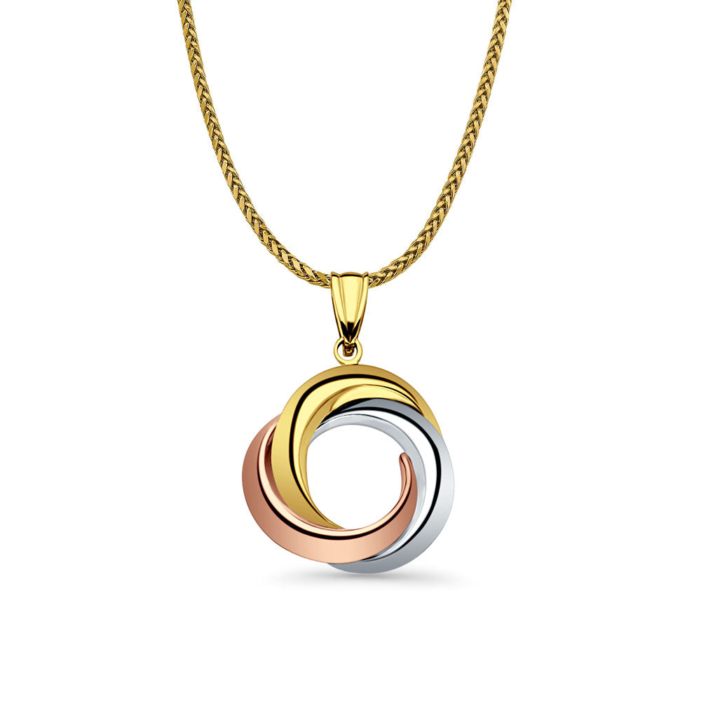 14K Tri Color Gold 3 Round Infinity Pendant 26mmX20mm With 16 Inch To 22 Inch 1.1MM Width Wheat Chain Necklace