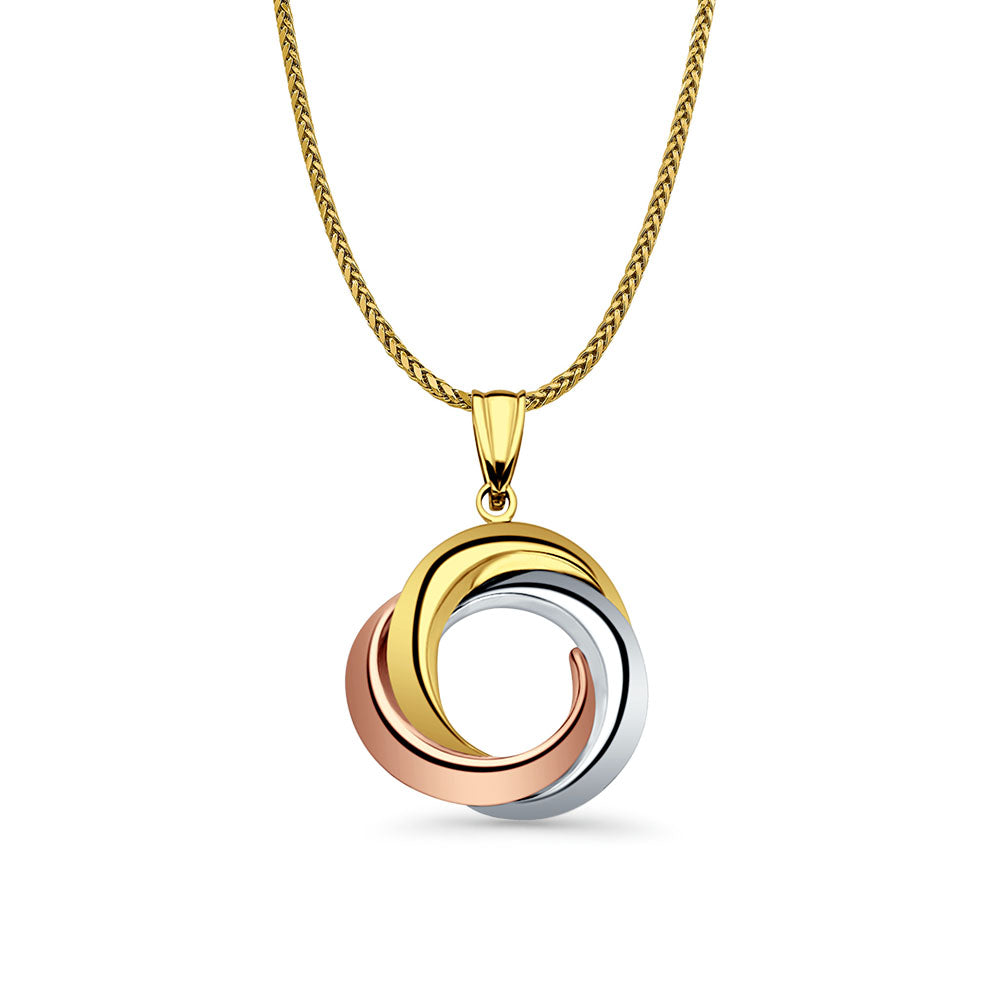 14K Tri Color Gold 3 Round Infinity Pendant 26mmX20mm With 16 Inch To 24 Inch 0.9MM Width Wheat Chain Necklace