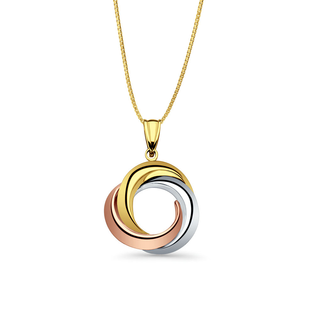 14K Tri Color Gold 3 Round Infinity Pendant 26mmX20mm With 16 Inch To 22 Inch 0.5MM Width Box Chain Necklace