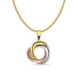 14K Tri Color Gold 3 Round Infinity Pendant 26mmX20mm With 16 Inch To 22 Inch 1.2MM Width Flat Open Wheat Chain Necklace