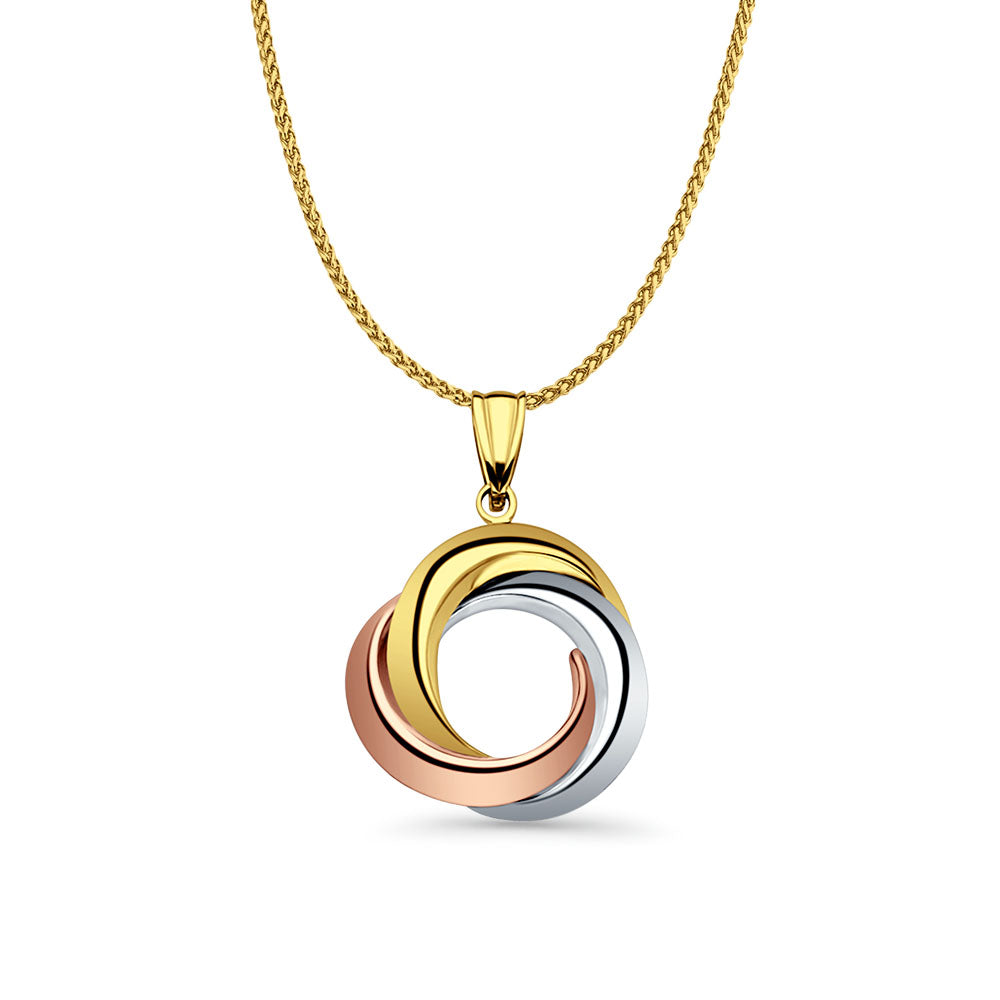 14K Tri Color Gold 3 Round Infinity Pendant 26mmX20mm With 16 Inch To 24 Inch 0.8MM Width D.C. Round Wheat Chain Necklace