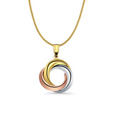 14K Tri Color Gold 3 Round Infinity Pendant 26mmX20mm With 16 Inch To 24 Inch 0.8MM Width D.C. Round Wheat Chain Necklace