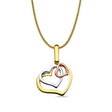 14K Tri Color Gold 3 Hearts Pendant 26mmX19mm With 16 Inch To 24 Inch 0.9MM Width Wheat Chain Necklace
