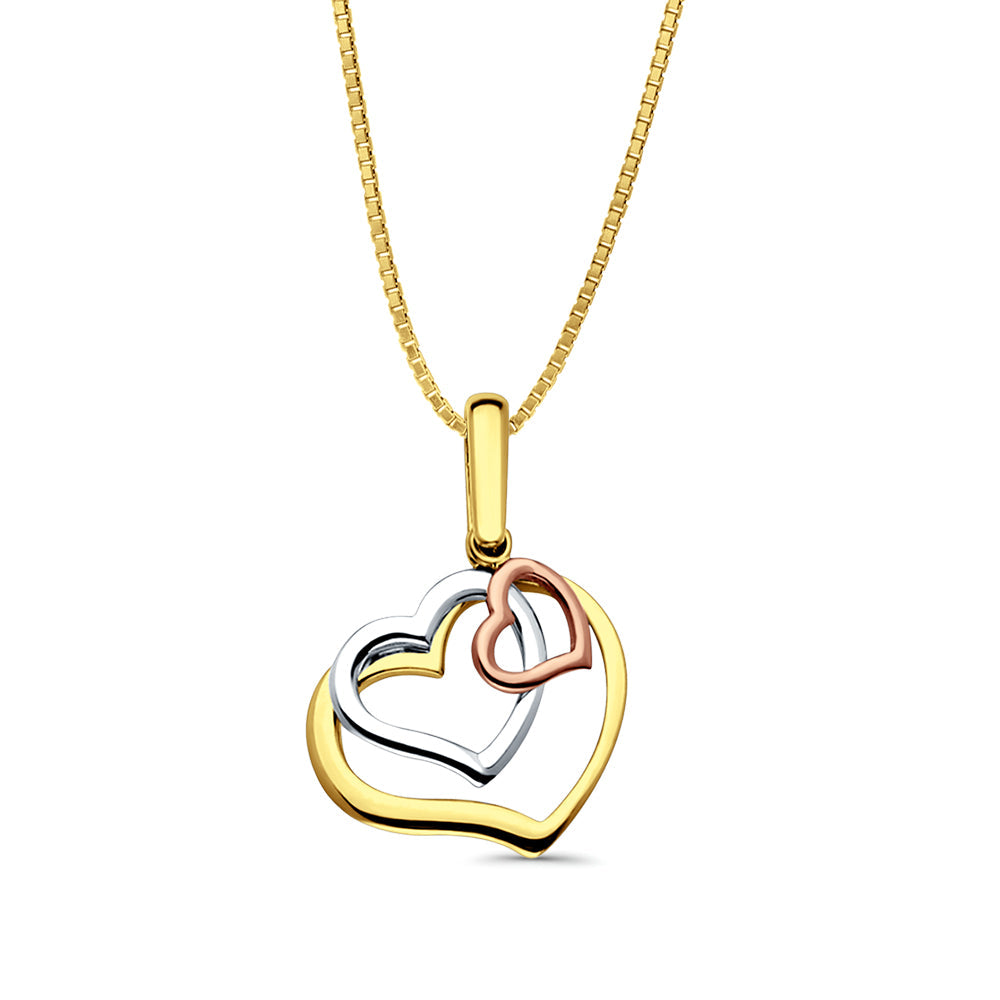 14K Tri Color Gold 3 Hearts Pendant 26mmX19mm With 16 Inch To 22 Inch 0.8MM Width Box Chain Necklace