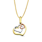 14K Tri Color Gold 3 Hearts Pendant 26mmX19mm With 16 Inch To 22 Inch 0.8MM Width Box Chain Necklace