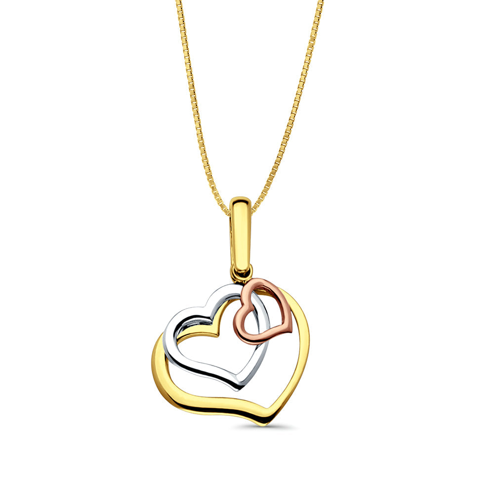 14K Tri Color Gold 3 Hearts Pendant 26mmX19mm With 16 Inch To 22 Inch 0.5MM Width Box Chain Necklace