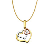 14K Tri Color Gold 3 Hearts Pendant 26mmX19mm With 16 Inch To 18 Inch 1.0MM Width D.C. Round Wheat Chain Necklace