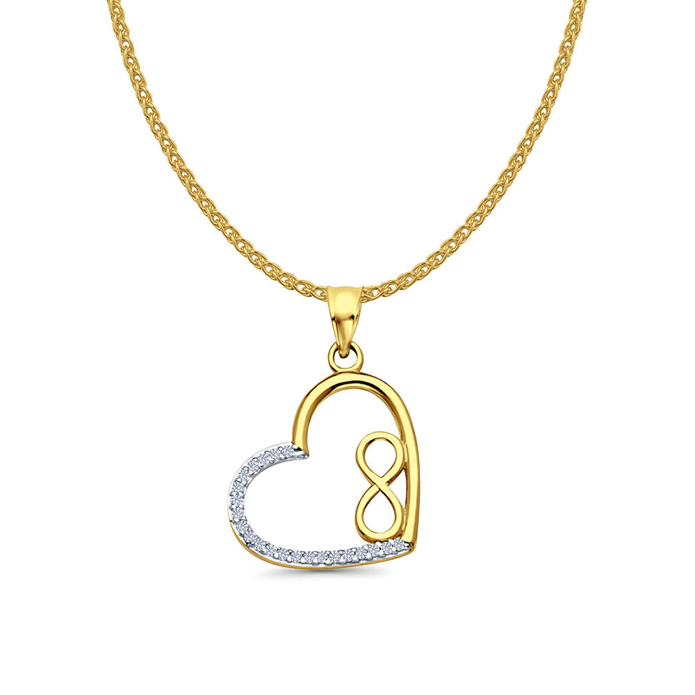 14K Yellow Gold CZ Heart Infinity Pendant 25mmX16mm With 16 Inch To 22 Inch 1.2MM Width Flat Open Wheat Chain Necklace