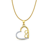 14K Yellow Gold CZ Heart Infinity Pendant 25mmX16mm With 16 Inch To 24 Inch 1.0MM Width D.C. Round Wheat Chain Necklace