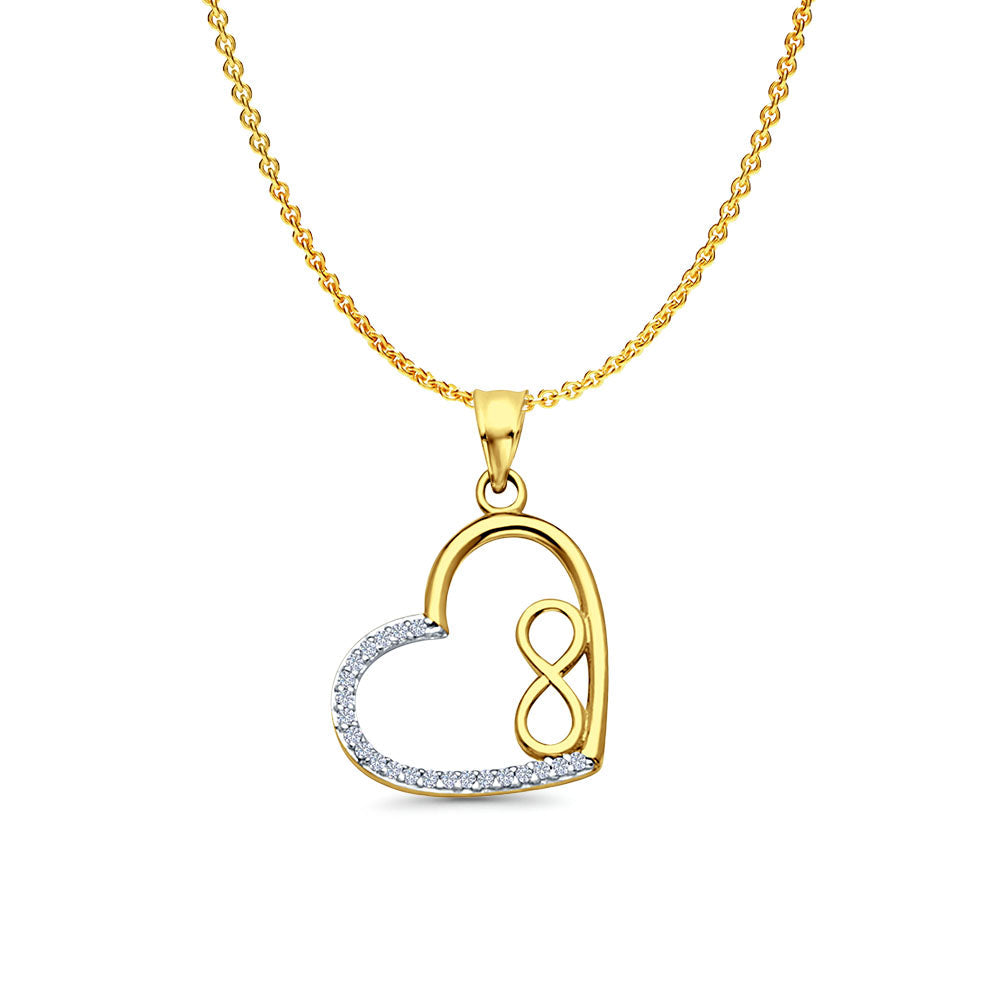 14K Yellow Gold CZ Heart Infinity Pendant 25mmX16mm With 16 Inch To 22 Inch 1.2MM Width Angle Cut Oval Rolo Chain Necklace