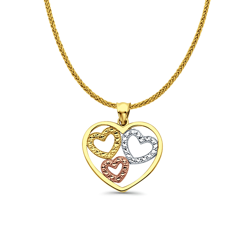 14K Tri Color Gold 3 Hearts Pendant 21mmX19mm With 16 Inch To 24 Inch 0.8MM Width Square Wheat Chain Necklace