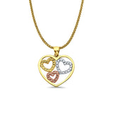 14K Tri Color Gold 3 Hearts Pendant 21mmX19mm With 16 Inch To 24 Inch 1.1MM Width Wheat Chain Necklace