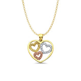 14K Tri Color Gold 3 Hearts Pendant 21mmX19mm With 16 Inch To 22 Inch 1.2MM Width Classic Rolo Cable Chain Necklace
