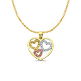 14K Tri Color Gold 3 Hearts Pendant 21mmX19mm With 16 Inch To 22 Inch 1.2MM Width Side DC Rolo Cable Chain Necklace