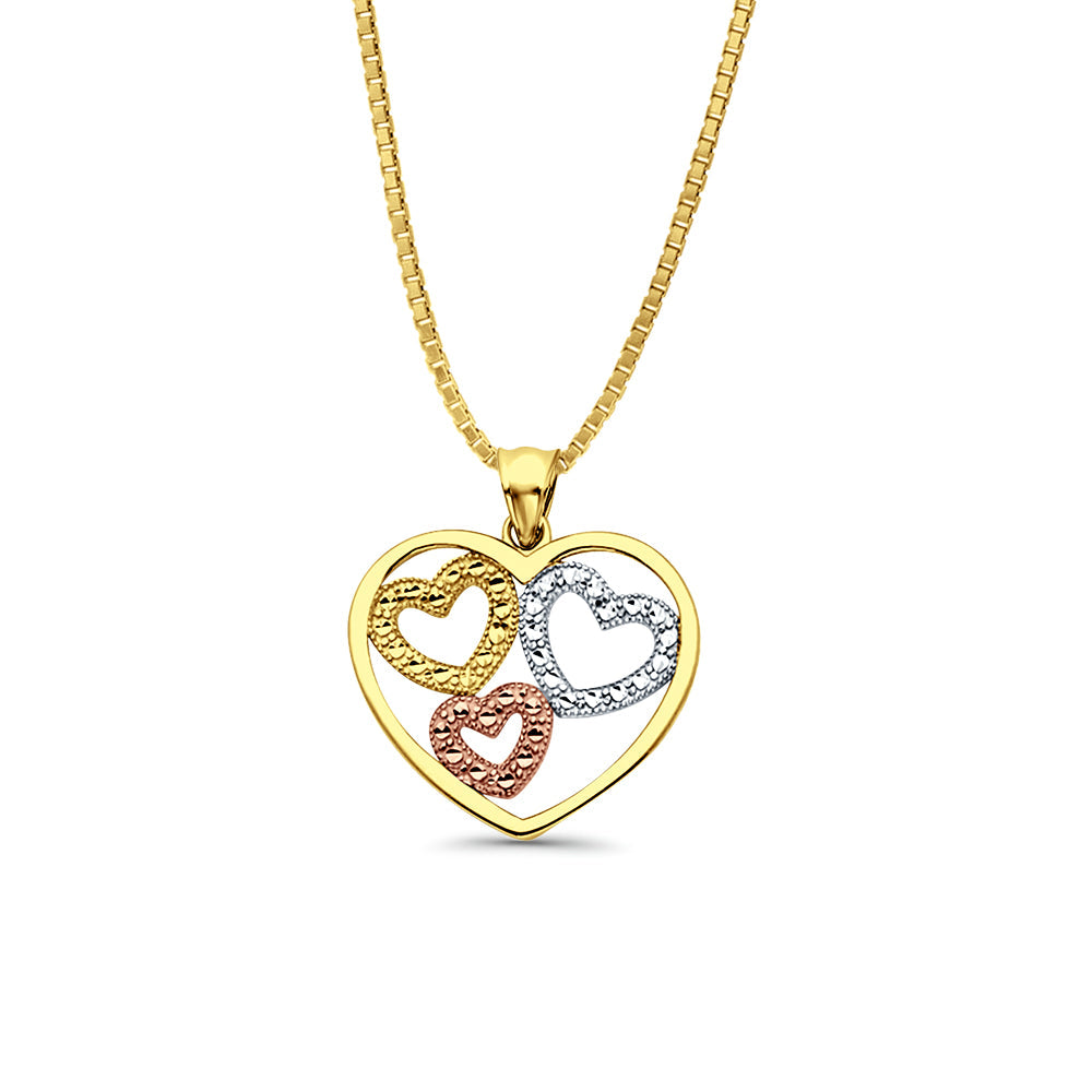 14K Tri Color Gold 3 Hearts Pendant 21mmX19mm With 16 Inch To 20 Inch 1.0MM Width Box Chain Necklace