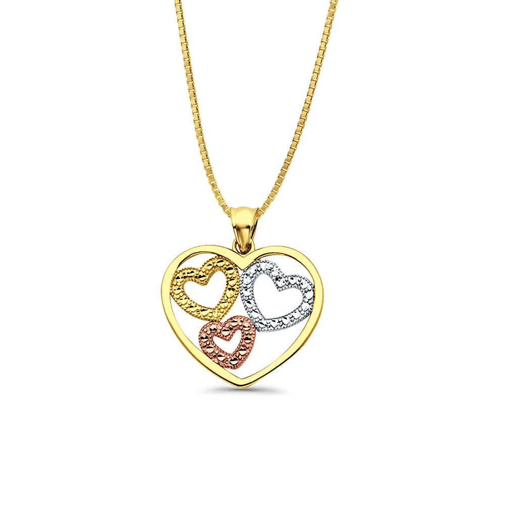 14K Tri Color Gold 3 Hearts Pendant 21mmX19mm With 16 Inch To 24 Inch 0.6MM Width Box Chain Necklace