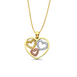 14K Tri Color Gold 3 Hearts Pendant 21mmX19mm With 16 Inch To 22 Inch 0.5MM Width Box Chain Necklace