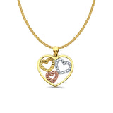 14K Tri Color Gold 3 Hearts Pendant 21mmX19mm With 16 Inch To 22 Inch 1.2MM Width Flat Open Wheat Chain Necklace