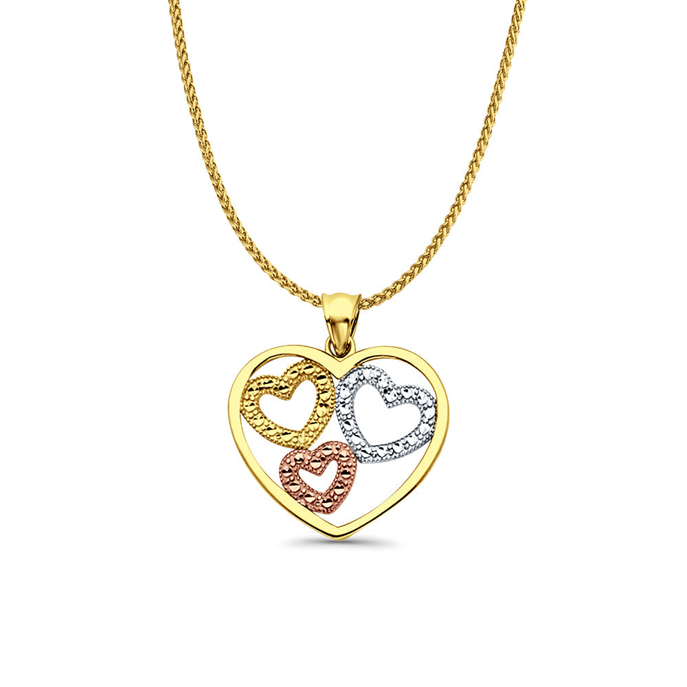 14K Tri Color Gold 3 Hearts Pendant 21mmX19mm With 16 Inch To 24 Inch 0.8MM Width D.C. Round Wheat Chain Necklace
