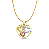 14K Tri Color Gold 3 Hearts Pendant 21mmX19mm With 16 Inch To 24 Inch 0.8MM Width D.C. Round Wheat Chain Necklace