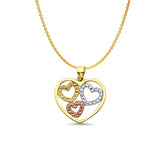 14K Tri Color Gold 3 Hearts Pendant 21mmX19mm With 16 Inch To 22 Inch 0.9MM Width Angle Cut Oval Rolo Chain Necklace