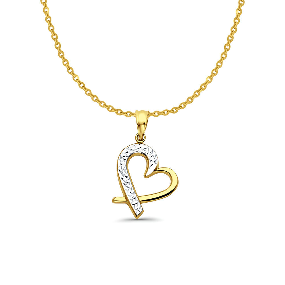 14K Two Color Gold Heart Pendant 23mmX15mm With 16 Inch To 22 Inch 1.2MM Width Side DC Rolo Cable Chain Necklace