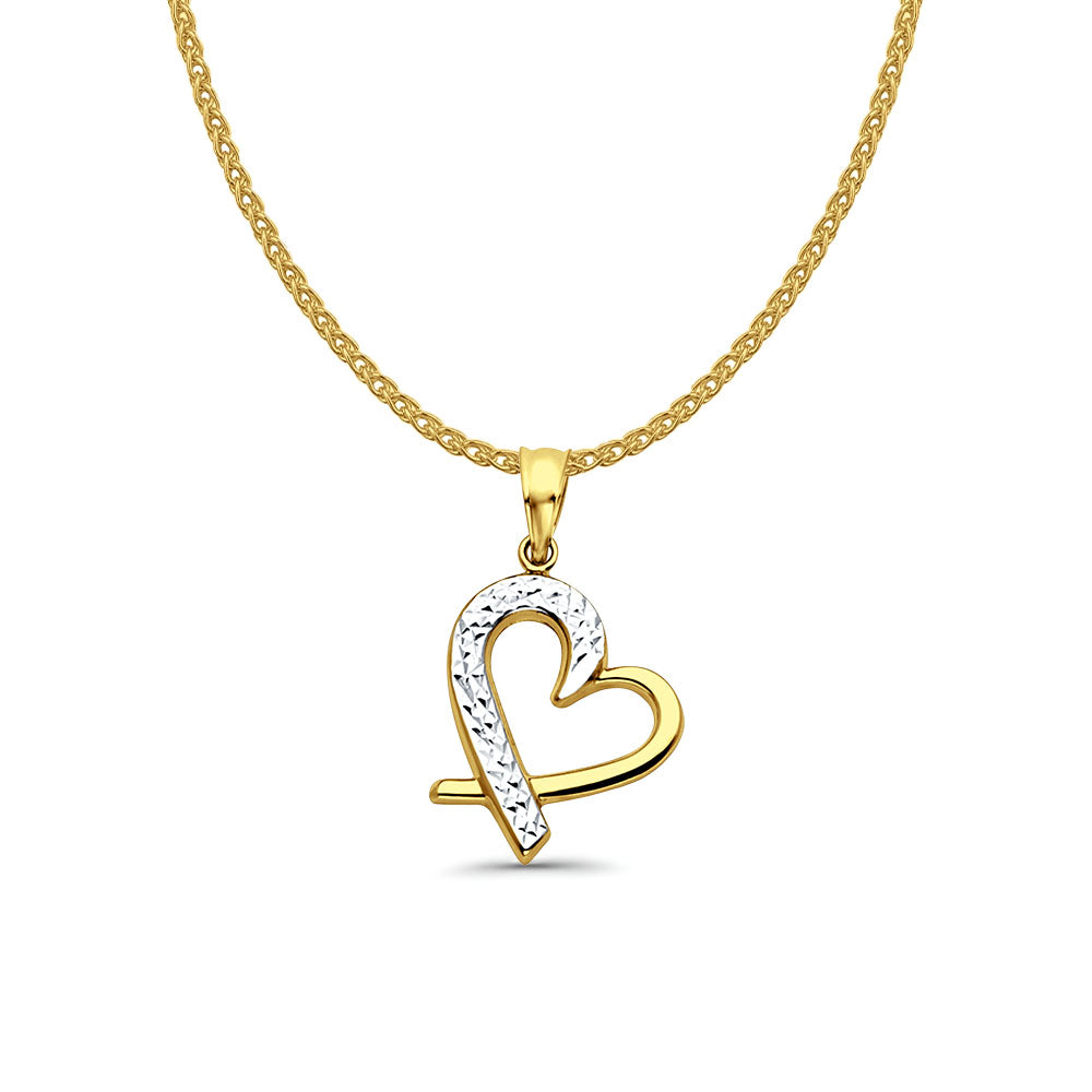14K Two Color Gold Heart Pendant 23mmX15mm With 16 Inch To 22 Inch 1.2MM Width Flat Open Wheat Chain Necklace