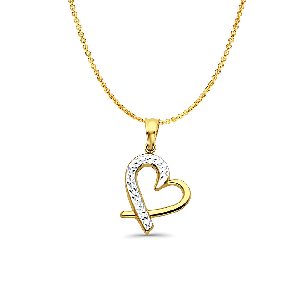 14K Two Color Gold Heart Pendant 23mmX15mm With 16 Inch To 22 Inch 0.9MM Width Angle Cut Oval Rolo Chain Necklace