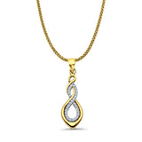 14K Yellow Gold CZ Infinity Pendant 28mmX9mm With 16 Inch To 24 Inch 1.1MM Width Wheat Chain Necklace