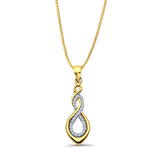 14K Yellow Gold CZ Infinity Pendant 28mmX9mm With 16 Inch To 24 Inch 0.6MM Width Box Chain Necklace
