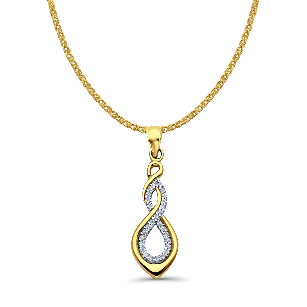 14K Yellow Gold CZ Infinity Pendant 28mmX9mm With 16 Inch To 22 Inch 1.2MM Width Flat Open Wheat Chain Necklace
